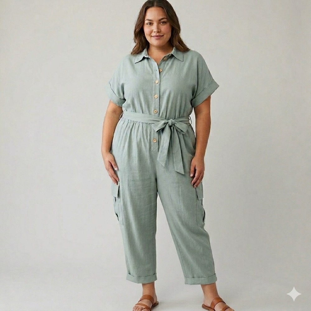 ELOQUII Sage Green Utility Cargo Jumpsuit Plus 22 Short Sleeve Minimalist Safari